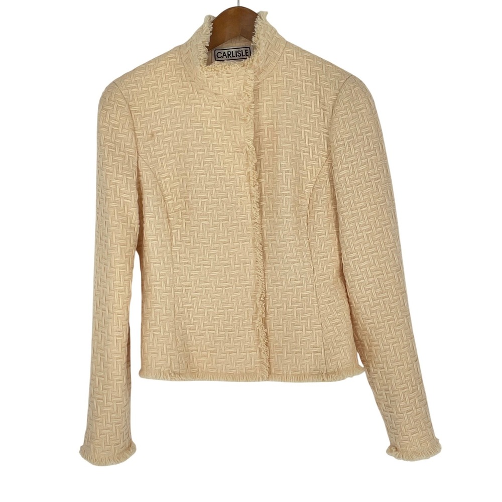 Vintage Carlisle Women Jacket 2 Blazer Cream Basketweave Wool Fringe Trim - Picture 1 of 9
